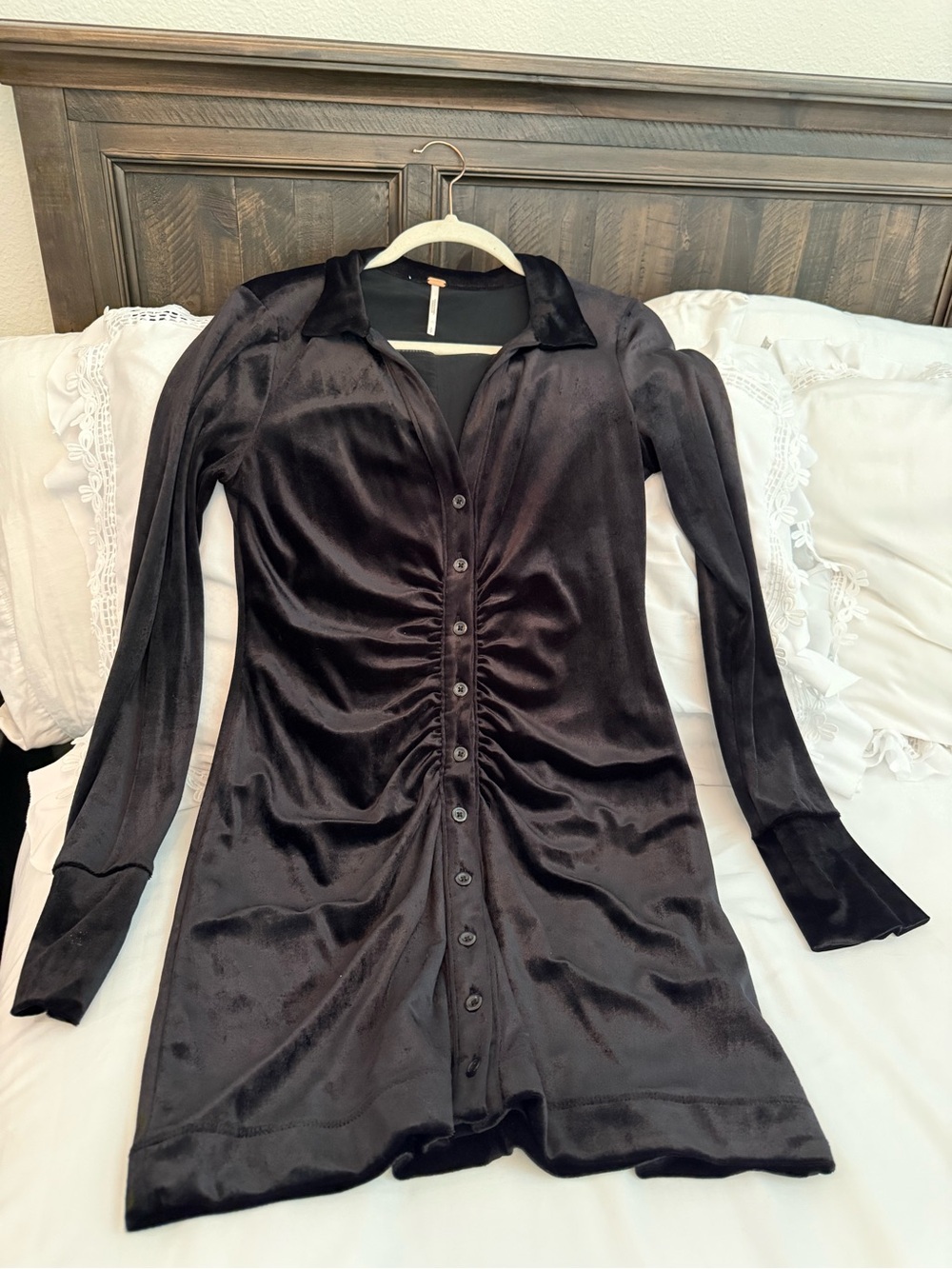 Free People Black Velvet Ruched Button-Front Long Sleeve Dress